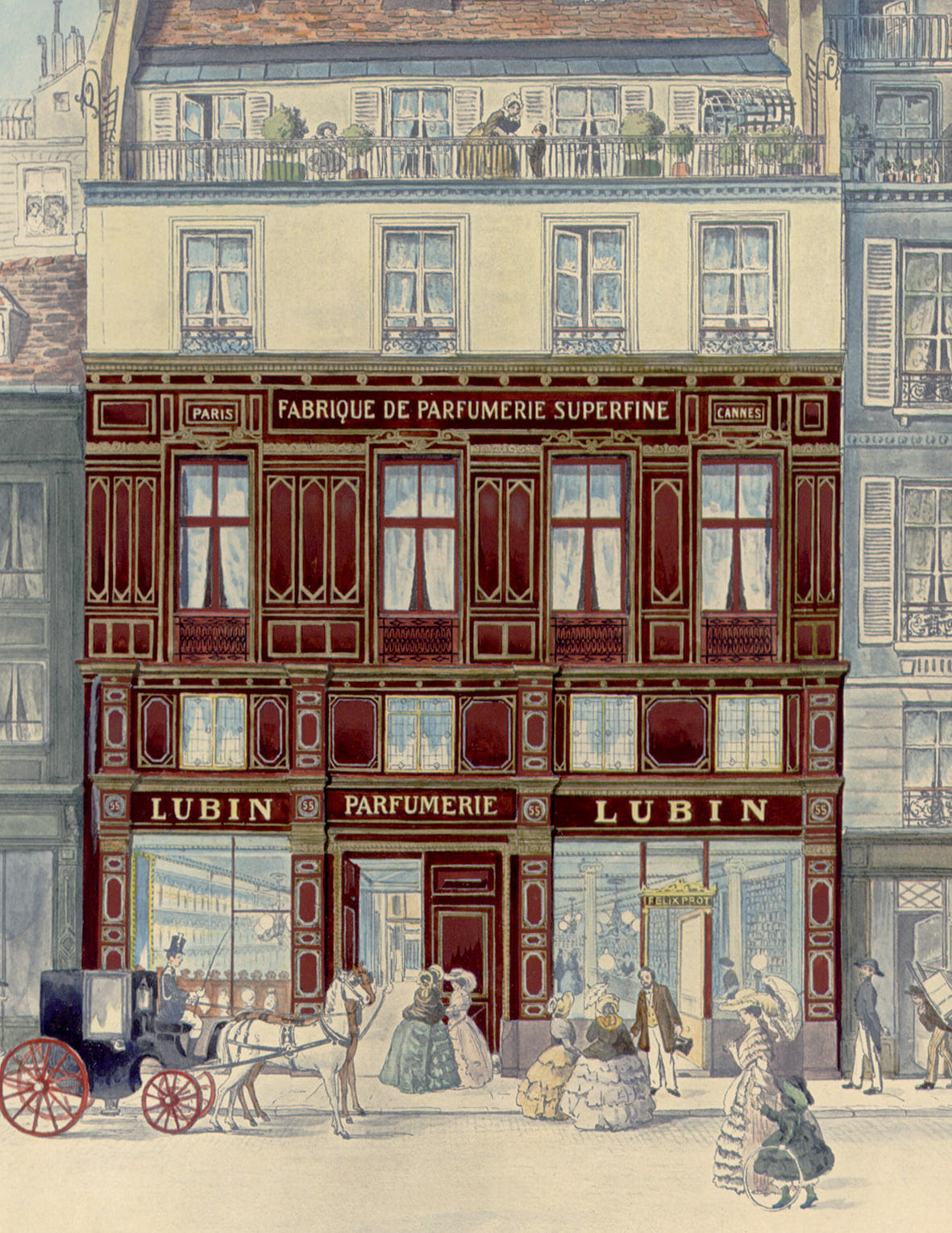 Dessin ancien en couleurs de la facade de la boutique Lubin a Paris, avec les enseignes FABRIQUE DE PARFUMERIE SUPERFINE et LUBIN PARFUMERIE, une voiture a cheval et des passants en costume d'epoque devant les vitrines.