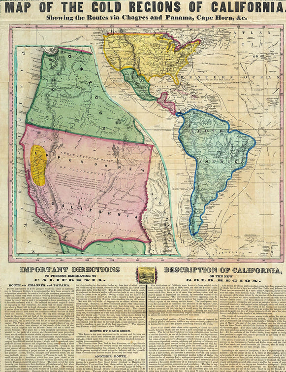 Carte ancienne coloriée intitulée « Map of the Gold Regions of California », montrant les territoires de l'Ouest américain et les routes maritimes vers la Californie, accompagnée de deux colonnes de texte imprimé.
