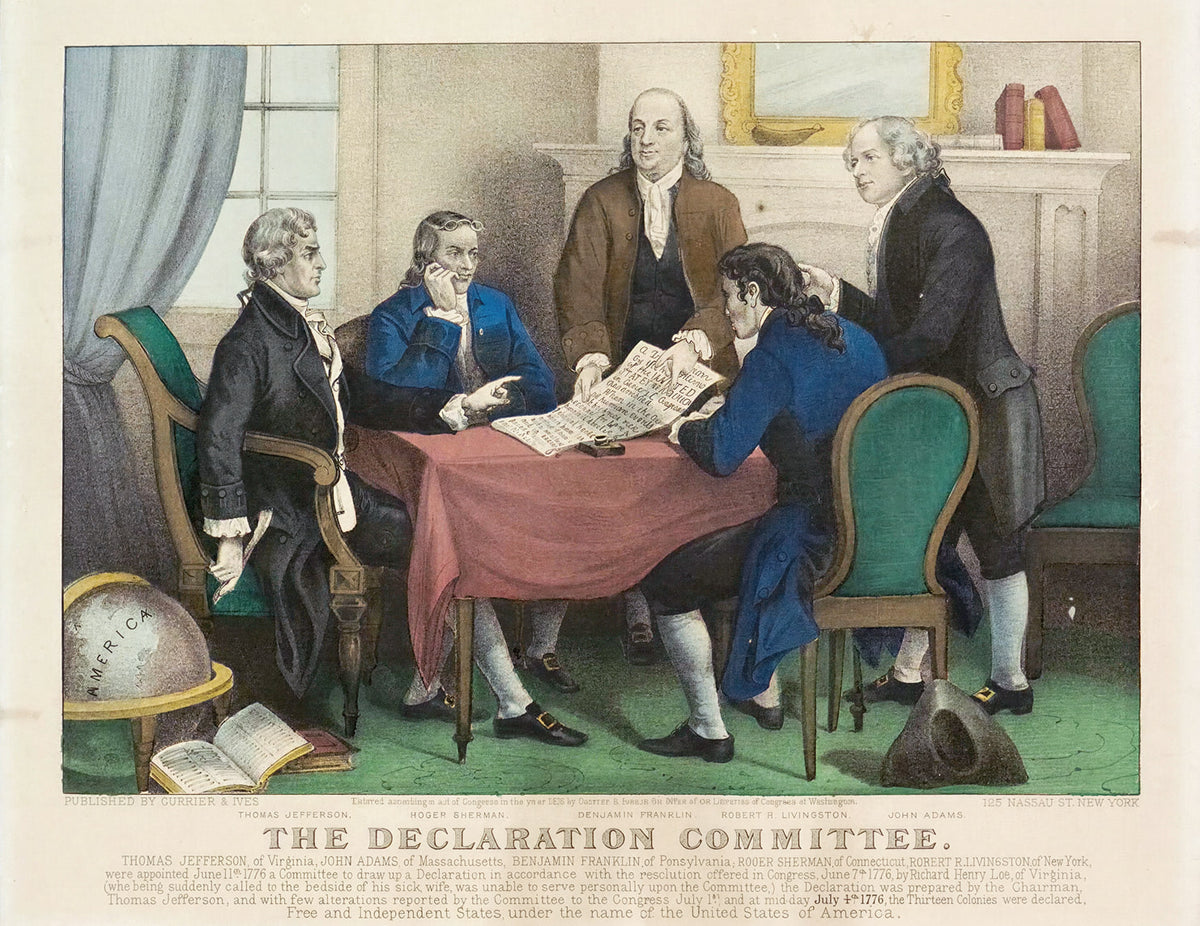 Lithographie coloriée intitulée « The Declaration Committee » : cinq membres du comité, dont Thomas Jefferson et Benjamin Franklin, réunis autour d'une table couverte d'un tapis rouge pour rédiger la Déclaration d'indépendance américaine.