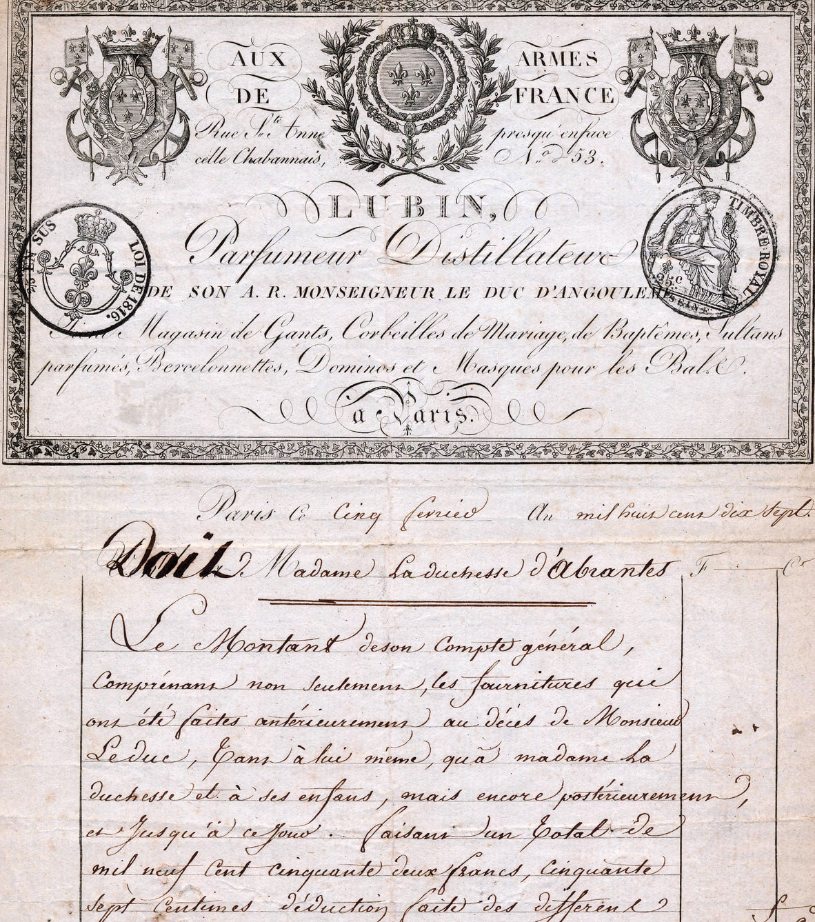 Papier a en-tete grave de la maison Lubin, « Aux Armes de France », parfumeur distillateur rue Sainte-Anne a Paris, orne de blasons couronnes et de cachets, suivi d'une facture manuscrite a l'encre brune.