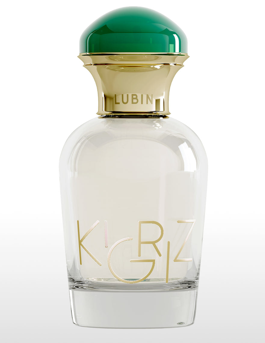 Flacon Lubin Kigriz sur fond gris clair : verre transparent, col dore portant la mention LUBIN, bouchon bombe vert profond et nom KIGRIZ trace en lettres dorees sur la panse.