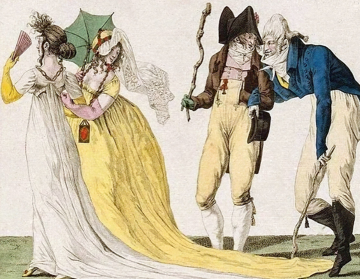 Gravure ancienne en couleurs montrant deux elegantes du Directoire, l'une abritee par une ombrelle verte et l'autre vetue d'une longue robe jaune a traine, face a deux dandies en habit bleu, bicorne et bottes.