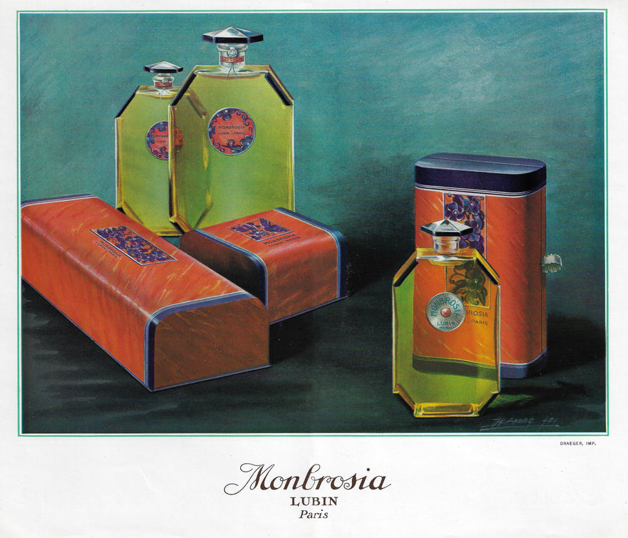 Planche publicitaire en couleurs sur fond vert d'eau : deux flacons octogonaux jaunes à étiquette bleue et or, deux étuis allongés orange bordés de bleu et une boîte ronde abritant un troisième flacon ; au bas, le mot « Montrosia » tracé à la plume au-dessus des mentions « Lubin » et « Paris ».