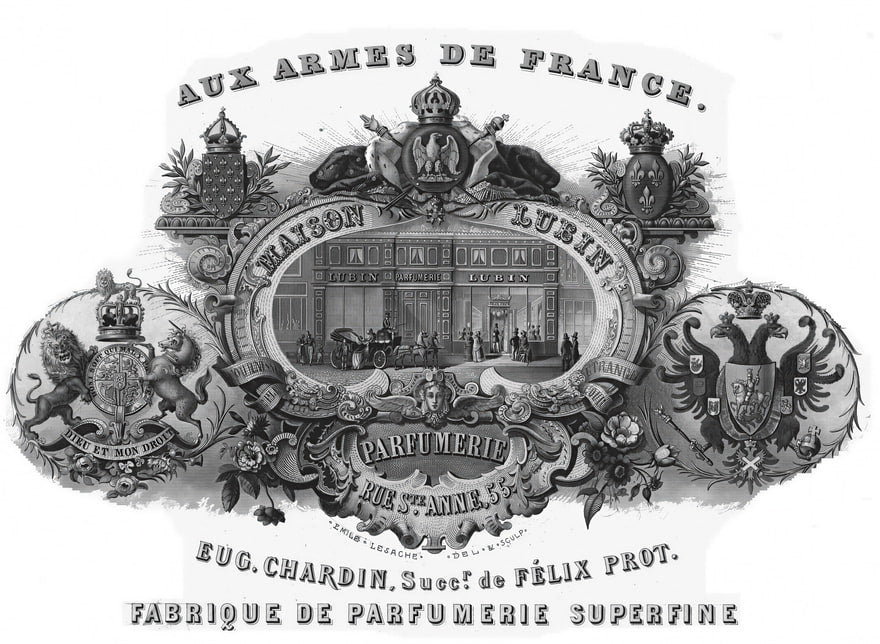 Vignette commerciale gravee « Aux Armes de France » : la devanture de la Maison Lubin dans un cartouche ovale, encadree de trois blasons couronnes, au-dessus de la mention « Fabrique de parfumerie superfine ».