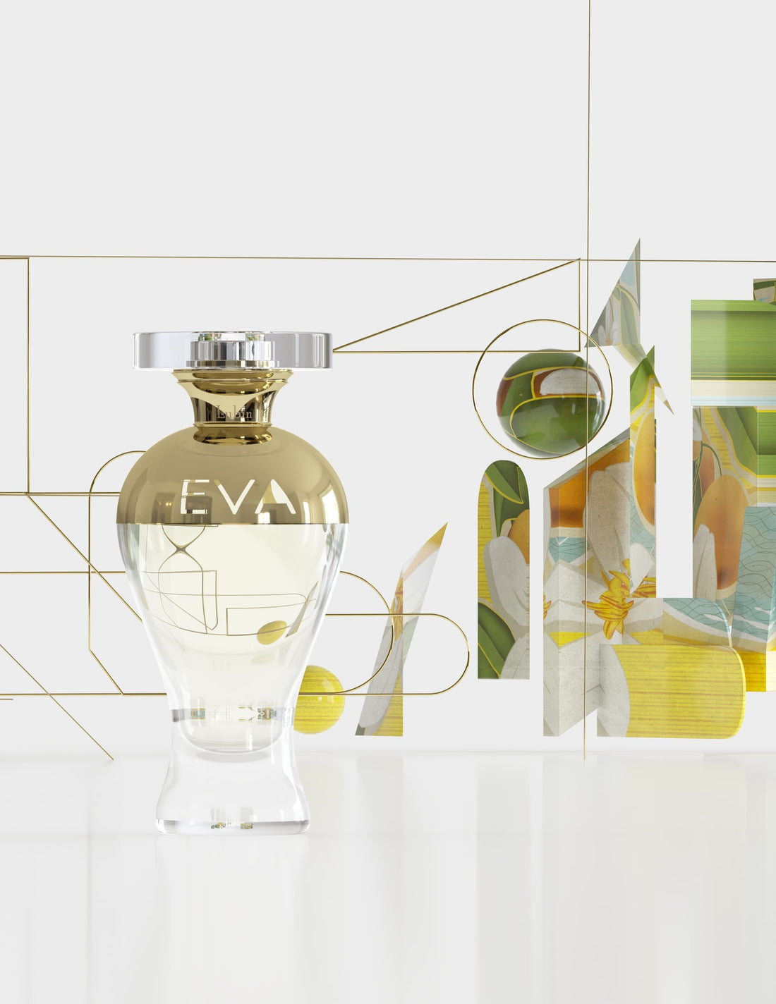 Eva, le flacon dans un décor graphique