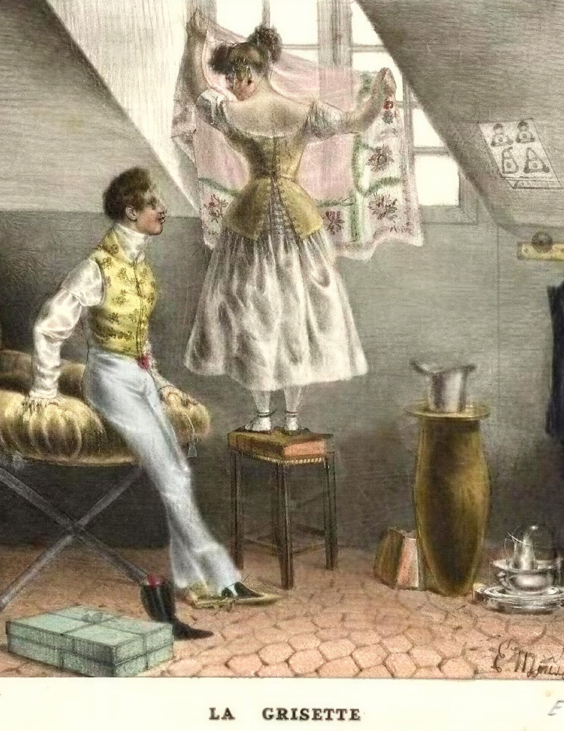 Grisette, a grisette at her window, antique engraving