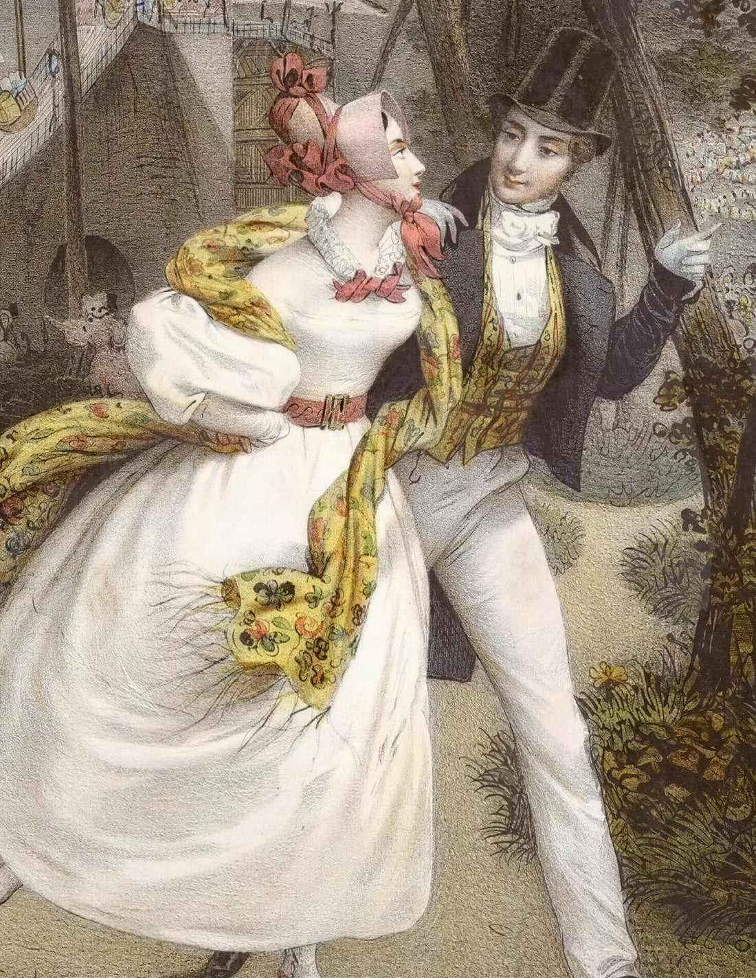 Grisette, a pair of lovers, antique engraving