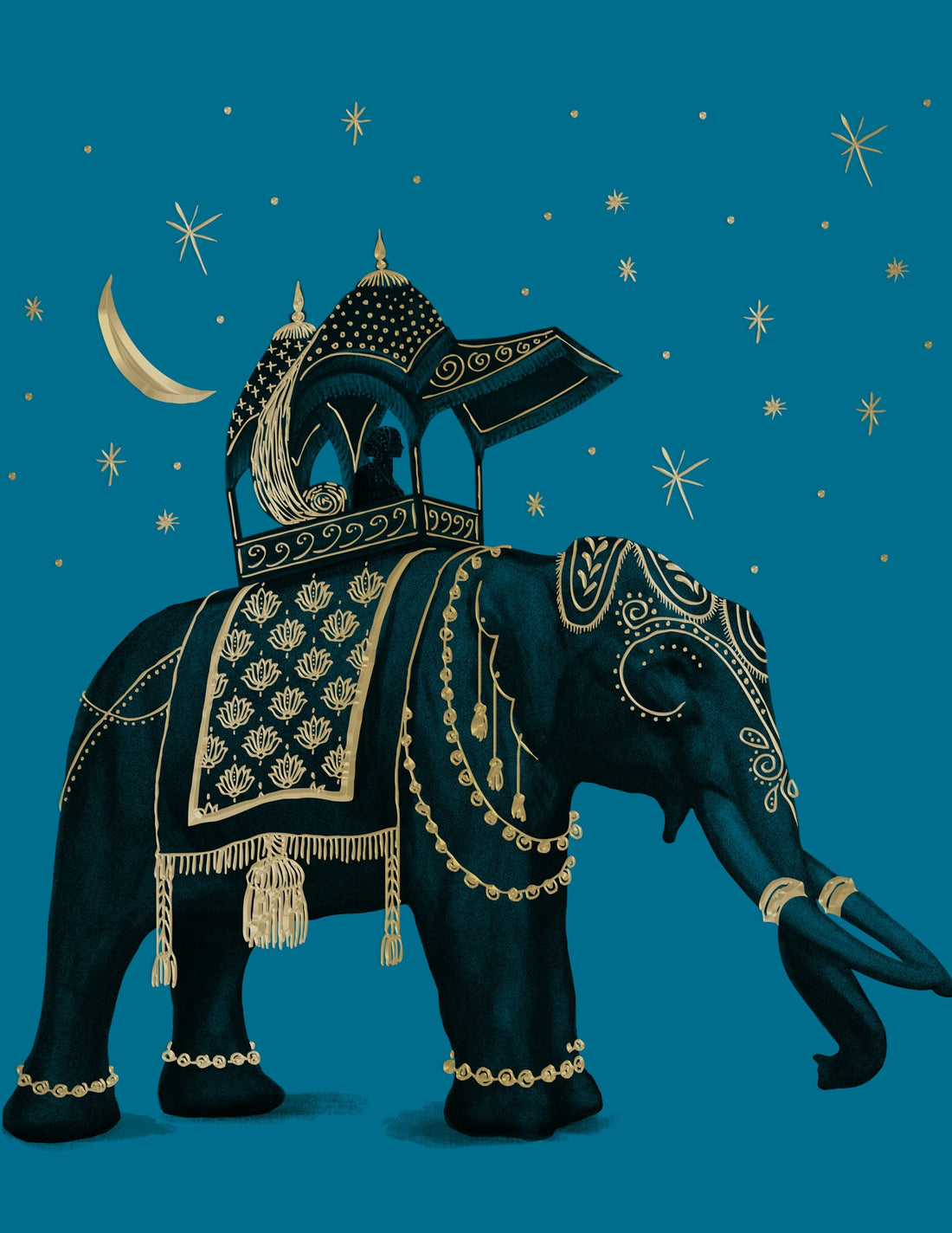 Kismet, un éléphant chamarré sur ciel étoilé