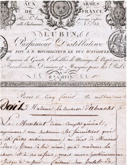 Facture « Lubin & Cie, parfumeur distillateur », breveté de S.A.R. Monseigneur le duc d’Angoulême