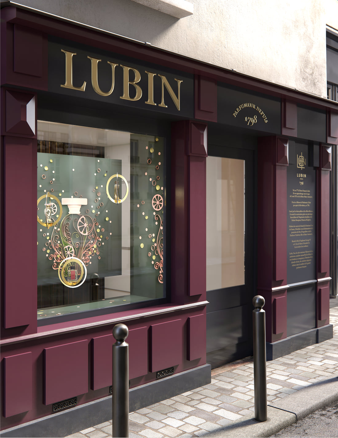 La devanture de la boutique Lubin, vue de biais